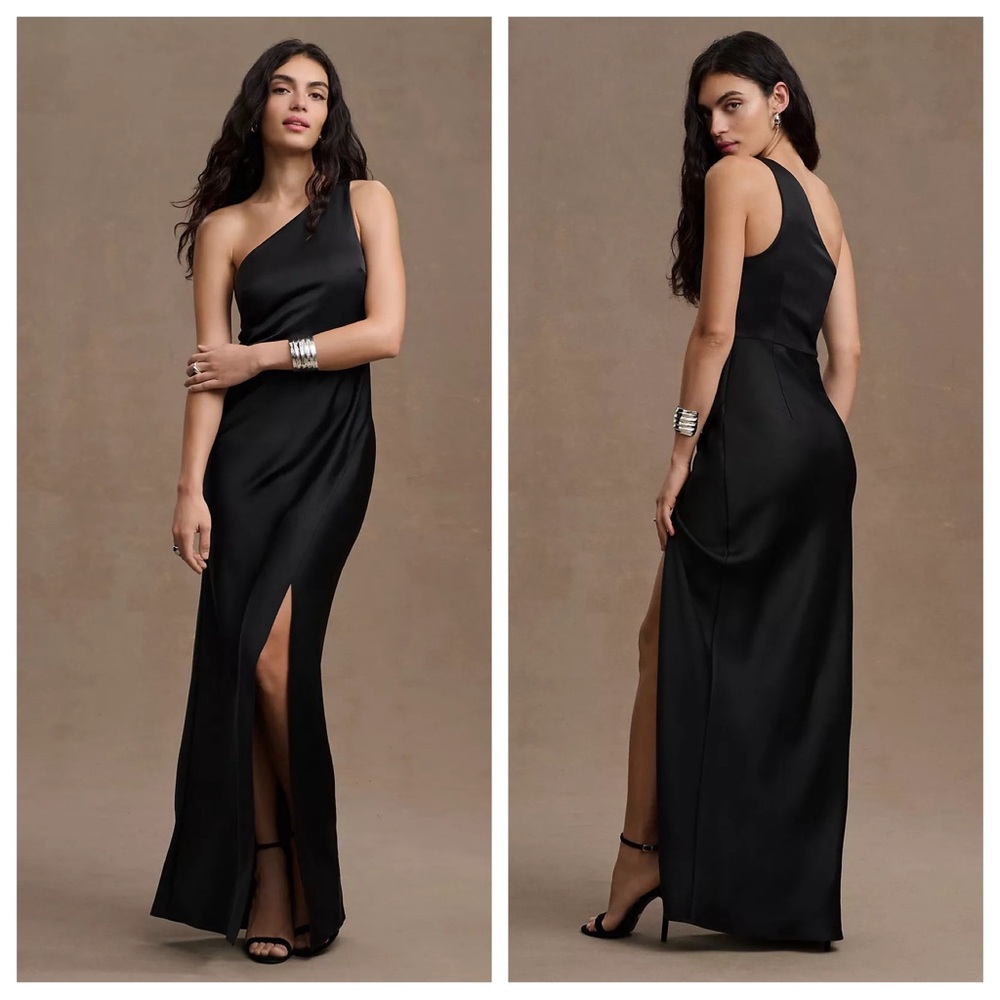 NWT BHLDN Dylan One-Shoulder Satin Side-Slit Gown Black Anthropologie